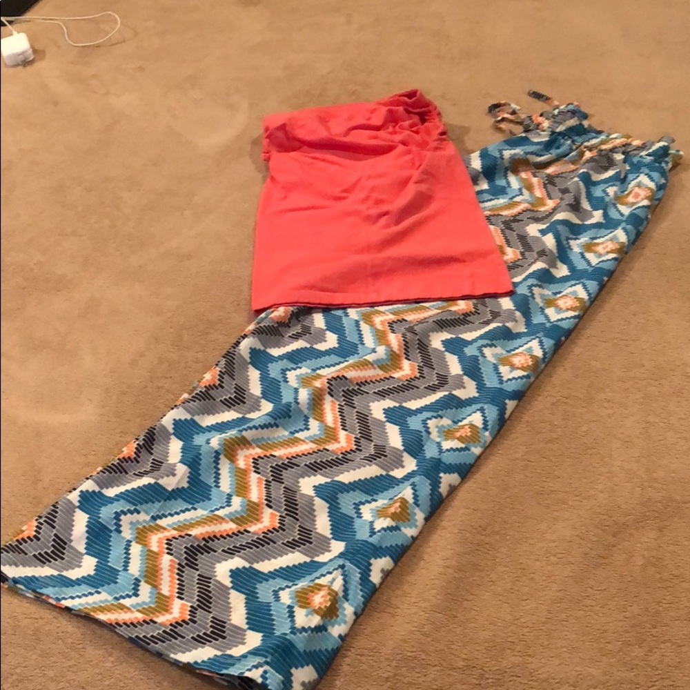Bebe coral tube top and multi colored beach pants
